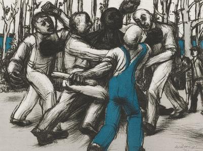 group of four white men, with man at front right wearing blue overalls, surrounding and fighting with a black man; two other figures at right in background; trees in background