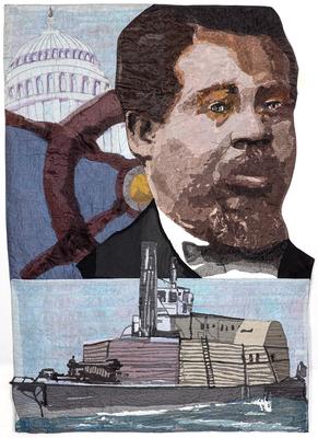 portrait of a Black man along TR with a ship's wheel and a capitol dome behind him; imgage along bottom of a ship; pocket on verso and rings for hanging