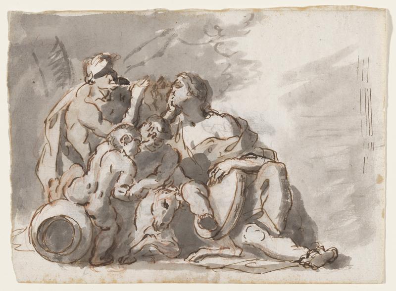 A Music-Making Satyr Family with Children Playing Around a Goat (recto); Compositional sketch with a Martyrdom and Fleeing Figure (verso)