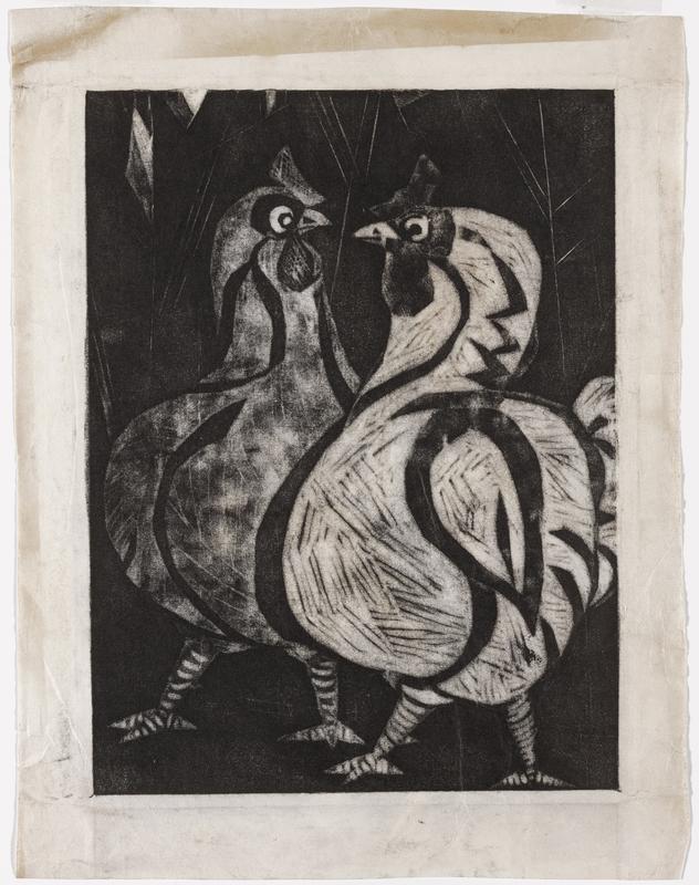 unsigned and undated; two roosters facing each other against black background